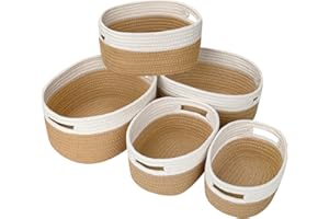 Ezvsevuo Juego de 5 Cestas Almacenaje Tejida de Algodón, Cestas Almacenaje Bebe, Cestas Organizador para Dormitorio, Baño, Salones, Cocina, Juguetes, Ropa - Yute & Blanco