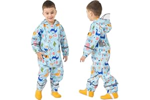 FEWLBY Puddle Suit Waterproof Suit Kids, All in One Waterproof Overalls Boys Girls Rain Suit Cartoon Muddy Suit One Piece Raincoat Hoodie Rainwear for 1-10 Years