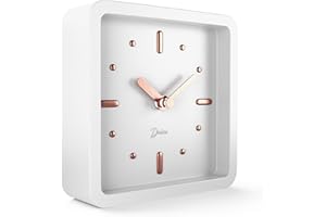 Driini Modern Mid Century Desk & Shelf Clock (White Rose Gold) - Small Battery Operated and Silent Analog Tabletop Clocks for Living Room Decor – Ideal for Mantle, Office Table, Desktop or Nightstand