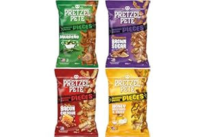 BROADWAY CANDY Pretzel Pete Gourmet Pretzel Variety Pack - Smokey Bacon Cheddar, Cinnamon Brown Sugar, Honey Mustard & Onion, Jalapeno - 160g Each
