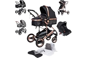 Bronea EXQUISE Kombi-Kinderwagen 3 in 1 INKL. MATRATZE | FARBAUSWAHL | Buggy, Auto-Babyschale, Zusammenklappbar mit Wickeltasche, Regenschutz, Mückenschutz & Sonnenschutz, Farbe:schwarz/champagne
