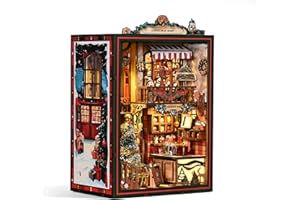 TUSEASY Kit de construction Book Nook de Noël - Miniature 3D en bois avec LED et boîte à musique - Sapin de Noël rotatif - Kit de bricolage pour adultes - Décoration d'étagère et idée cadeau