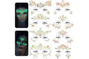 MODACRAFT 8 Set Nachtleuchtende Glitzersteine Gesicht Festival Outfit, Glitzersteine Selbstklebend Rave Strasssteine Temporäre Tattoos Schmucksteine Glitzer Gesicht für Schminke Party Karneval Halloween