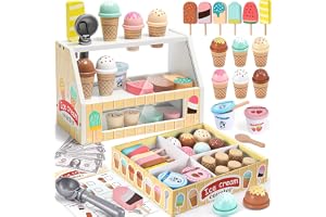 AM ANNA Wooden Ice Cream Counter Playset for Toddler, Play Store Pretend Toy Food Play Kitchen Accessories with Fake Money & Coin,Play Food Scoop and Serve,Play Kitchen Sets for Kids Ages 2 3 4 5