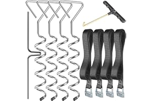 Graxury 4Packs Heavy Duty Trampoline Anchor Kit - Corkscrew Shape Rust-Proof Galvanized Steel Tie Down Stakes for Trampolines, Swings, Garden Sheds with 4 Strong Belt and Spring Pull Tool