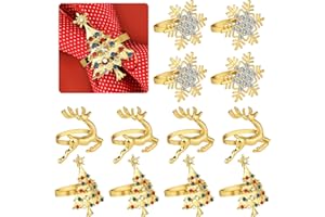 PLULON 12pcs Gold Christmas Napkin Rings Set - Xmas Snowflake, Tree, Deer Napkin Holders for Winter Party & Holiday Dinner Table Decor