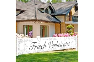 DPKOW Frisch Verheiratet Banner für Hochzeit Deko, Stoff Banner für Hochzeit Garten Haus Wand Deko, Hochzeit Außen Absperrband Deko, Elegant Hochzeitszeremonie Deko, 270 * 35cm