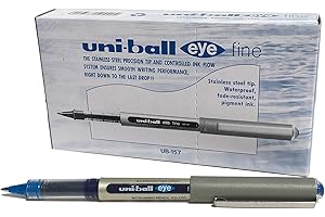 Penna rollerball UB-157 Eye Fine, inchiostro blu Uni-ball Super Ink, pennino da 0,7 mm, scatola da 12 pezzi