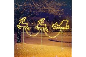 Quntis Outdoor Christmas Pathway Lights Mains Powered, 83cm 129 LED Reindeer Sleigh Path Lights Warm White & RGB with 8 Modes Timer Memory Function, Christmas Stake Decorations Garden Yard Lawn