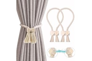 BULL TIGER PRESTIGE Magnetyczne uchwyty marszczące do zasłon, uchwyty marszczące z drewna w stylu boho, ręcznie tkane, uchwyt marszczący, uchwyt na zasłony, uchwyt magnetyczny, linka bawełniana, do domu, biura, dekoracja