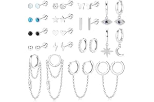 JeweBella 15 par małe kolczyki damskie zestaw ze stali nierdzewnej Hipoalergiczny łańcuszek kolczyki wiszące kolczyki z gwiazdą księżyc cyrkon kolczyki złe oko zestaw złoty/srebrny