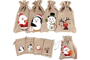 FINGOOO Christmas Jute Burlap Gift Bag, 12 Pieces Drawstring Bag Candy Pouch Snack Sack for Kids Xmas Party Favour