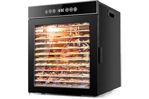 ‎KWASYO Kwasyo Dörrautomat Edelstahl, Dörrgerät 12 Etagen Ganz in Schwarz, 30-90℃ Temperaturregelung, 24 Stunden Timer, Rezeptheft für Fleisch Obst Gemüse Kräuter, 900W, LT-09