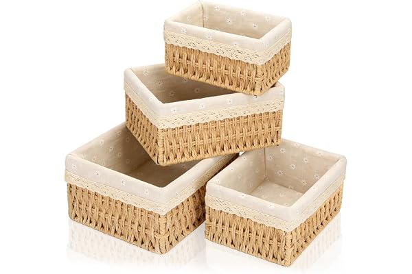 TEWWCEO Set of 4 Woven Storage Baskets, Removable Lining, Hand-Woven Toy Baskets, Bathroom Baskets, Stackable Storage Baskets