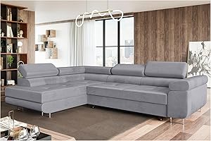 ‎MEBLINI MEBLINI Schlafcouch mit Bettkasten - Ecksofa mit Schlaffunktion - Sofa mit Relaxfunktion und Kopfstützen - Couch L-Form - Eckcouch - Wohnlandschaft - MALIBA - 277x203x63cm Links - Grau Samt