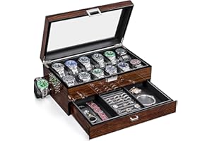 BEWISHOME 12 pudełek na zegarki z szufladą parkingowego, luksusowy futerał na zegarek, organizer do zegarków dla mężczyzn, akcesoria z prawdziwym szklanym blatem, metalowy zawias, brązowy ESSH02Y