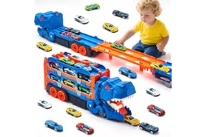 COOLDELE Toddler Transport Truck Toy, Dino Carrier with 12pcs Die-Cast Cars & 152 cm Track, Transforms Truck Playset for Toddlers Boys Age 3 4 5 6 Years Old, Birthday Xmas Gift for Kids Boys