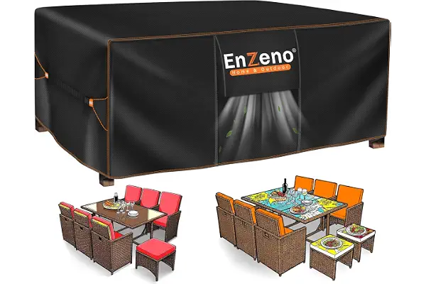 Enzeno Funda Mesa Exterior Impermeable,Cubierta Muebles Impermeable 180x120x74cm,Funda Conjunto Jardin Exterior Aplicable a Mesa y Sillas,Anti Viento, Anti UV