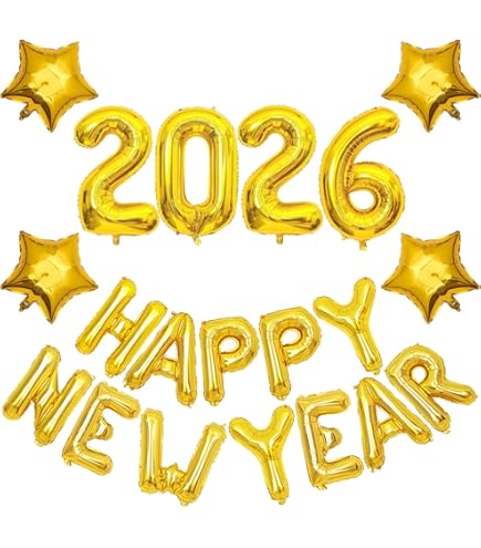 Supcomsta 2026 New Years Eve Decorations, Black Gold Happy New Year 2026 Decorations Kit Banner, 18 Balloons, 2026 Foil Number Party Accessories