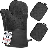 Ofenhandschuhe Hitzebestaendig bis 300°C Topflappen Handschuh Set, Schwarz | Rutschschutz Topfhandschuhe, Erweitert, Weich Ba