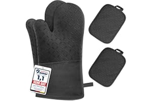 Lot de 4 Gant Four Maniques Cuisine - MILcea Gant Four Anti Chaleur Jusqu'à 300 °C, Gants en Silicone Antidérapantes, en Coton Doux, 32cm Longs et Flexibles en Gant de Cuisine, Noir