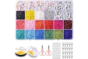 Lostwry 6800pcs Glasperlen Set, Farben Perlen zum Basteln Mini Glasperlen zum Auffädeln Buchstabenperlen Kit Runde Mehrfarbig Perlen für Schmuckherstellung DIY Armband Geschenk 3mm