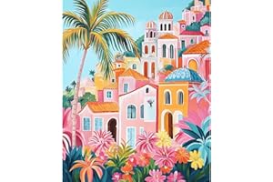 NEWENMO Casa Colorida Pintar por Numeros Kit,DIY Palmeras Pintura por Numeros Adultos,Bellas Flores Paint by Numbers Kits,con Pinceles,Pigmento Acrílico,para Decoración de Hogar(40x50cm,Sin Marco)