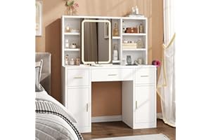 knoworld Dressing Table with Mirror & Lights, Modern Vanity Desk with Charging Station, Hairdryer Holder, 7 Shelves, 3 Drawers & 2 Cabinets, Makeup Vanity Table with Hidden Storage for Bedroom, White
