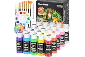 Shuttle Art Peinture Acrylique pour Extérieur 25 Couleurs (60ml) avec 10 Pinceaux 1 Palette, Résistant à l'Eau, Acrylique Peinture à l'Extérieur pour Artistes, Débutants sur Roches, Statues de Jardin