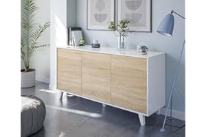 Dmora - Credenza Arvada, Buffet da cucina, Armadio di design da soggiorno, Madia moderna a 3 ante e ripiani, 154x40h75 cm, Bianco e Rovere