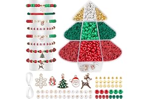 zenmag Christmas Beads Bracelet Making Kit, 2020 Pcs DIY Jewellery Craft Set, Red & Green Clay and Pony Beads, Gold Spacer & Letter Bead, Enamel Christmas Charms and String for Handmade Holiday Gifts