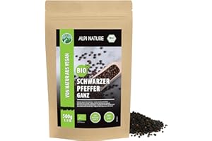‎ALPI NATURE Ekologiczny pieprz czarny cały, pieprz czarny 100%, pieprz czarny z kontrolowanych upraw ekologicznych, bezglutenowy, bez laktozy, testowany laboratoryjnie, wegański, 100% całkowicie naturalny bez dodatków (500 GR)