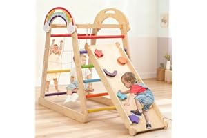 YOSAMY 5-in-1 Wooden Climbing Frame, Adjustable Slide, Swing, Climbing Net and Monkey Bars,Montessori Indoor/Outdoor Jungle Gym for Toddlers