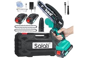 Mini Chainsaw Cordless 6inch, Salati Electric Chainsaw with 2 Rechargeable Battery & 2 Chains, One-Handed Portable Operated Power Chainsaw for Tree Branch Wood Cutting and Garden, with Safety Lock