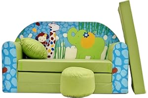 Pro Cosmo Divano letto pieghevole per bambini con funzione letto Perfetto per giocare e dormire - Con materasso, cuscino e pouf sfoderabili - 98x168x59 cm (Z16) Verde - Animali della giungla
