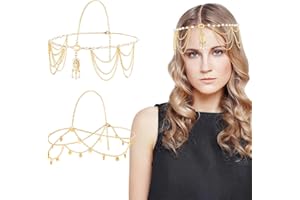 MELLIEX 2 Stück Kopfkette Gold Boho Quaste Kopfschmuck Perlen Pailletten Haarkette für Frauen und Mädchen