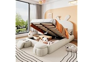 ‎JOVIFY Polsterbett 140x200, Hydraulisch Stauraumbett mit 2 Aufbewahrungshockern und LED-Nachttischbeleuchtung, ausklappbare Hasenohren, LED Doppelbett mit Stauraum und Lattenrost, Samt, Beige, ohne Matratze