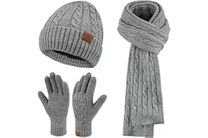 ZASFOU Donna Cappello Invernale Sciarpa Guanti Touch Screen Set Caldo Pile Foderati in Maglia Berretto Cappelli Sciarpe Lunghe Guanto Regalo per Donna Compleanno Natale