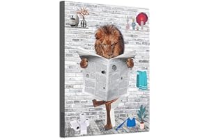 MKHFUW Art mural amusant pour salle de bain, animaux drôles, lisant des journaux dans les toilettes, sur toile, pour toilettes, salle de bain, animaux, œuvre d'art, sans cadre, (lion, 40 x 60 cm)