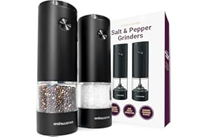 Andrew James Salt and Pepper Mills Electric Grinder Set Stainless Steel Illuminated Dispenser Adjustable Coarseness Ceramic Blades, One Touch Operation, Battery Power, 17.5cm x 5cm (Matt Black)