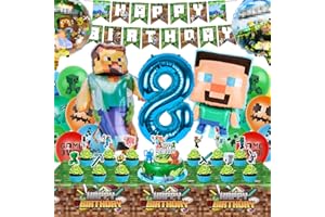 WuGU Decorazioni Compleanno 8 Anni, Kit Palloncini Compleanno con Banner, Tovaglia, Topper per Torta, Set di Decorazioni per Feste di Compleanno, Addobbi Compleanno per Bambini e Bambin