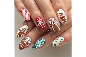 MRCUVARYAS 24 sztuczne paznokcie na Boże Narodzenie, czerwone francuskie paski i płatki śniegu, krótki kształt migdałów, sztuczne paznokcie do naklejenia, pełne pokrycie, sztuka paznokci na Boże Narodzenie
