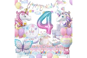 LAISLLA Einhorn Partygeschirr Set, Einhorn Geburtstagsdeko 4 Jahre Mädchen, Geburtstag Party Geschirr, Pappteller Kindergeburtstag mit Luftballons für 4. Geburtstag Mädchen Deko
