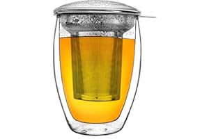 Creano Szklanka do herbaty o podwójnych ściankach z filtrem ze stali nierdzewnej i szklaną pokrywką – 400 ml