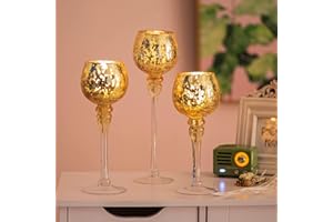 Romadedi Świecznik na podgrzewacze, szklany złoty - świecznik dekoracyjny rtęć zestaw 3 szt. 23,5/25,5/31,5 cm na świeczki typu tealight, świece wotywne, do salonu, dekoracja stołu weselnego