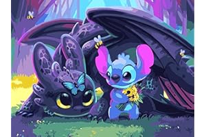 jieyisier Peinture par numéros adultes et débutants, peinture par numéros Stitch, DIY Stitch et le dragon Kit de peinture à l'huile sur toile, parfait pour la décoration murale de bureau et de maison.