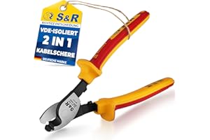 S&R Kabelschere VDE 1000V Elektriker-Werkzeug, 200mm Kabelschneider, Drahtschneider Kombi-Zange, HRC-66 hitze- und induktions-gehärteter 70C legierter Stahl, Präzisionsschliff, Schneidbacken 25mm