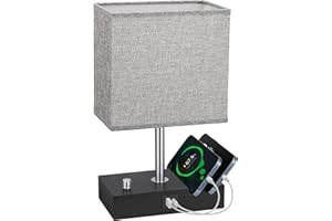 Seealle Fully Dimmable Bedside Lamps with USB A+C Charging Ports, Grey Table Lamp with 2 Phone Slots, Nightstand Lamp with Linen Shade for Bedroom Living Room (LED Bulb Included)