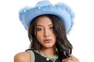 Aunaeyw Cowgirl Hat Cowboy Hats for Women Fluffy Feather Brim Cowboy Hat for Cosplay, Costume Party, Hen Party, Play Dress Up Accessory