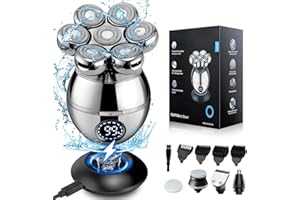 CARPOWER Head Shavers for Men, 7D Electric Head Shaver for Bald Men, 6-in-1 Wet & Dry Rotary Head Razor for Face & Head with Dispaly, Men's Grooming Kit with Beard/Nose Trimmer, Brush, Wireless Charging Base